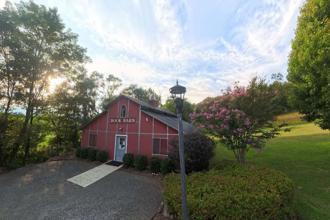 The gravel drive and paved walk leading to the Book Barn's front door.